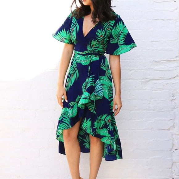 Last 1!NEW Floral wrap dress navy blue leaf casual - Picture 2 of 10